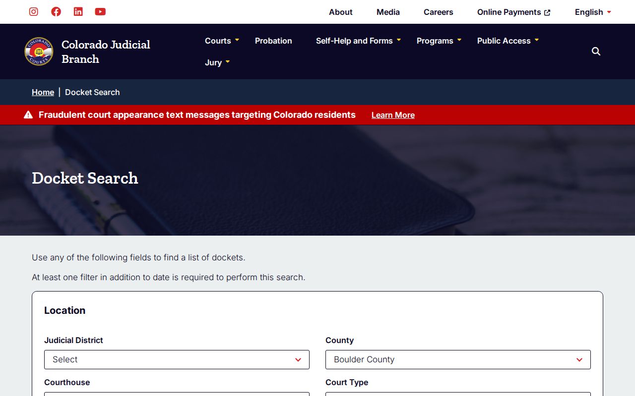 Boulder County warrant lookup docket filters