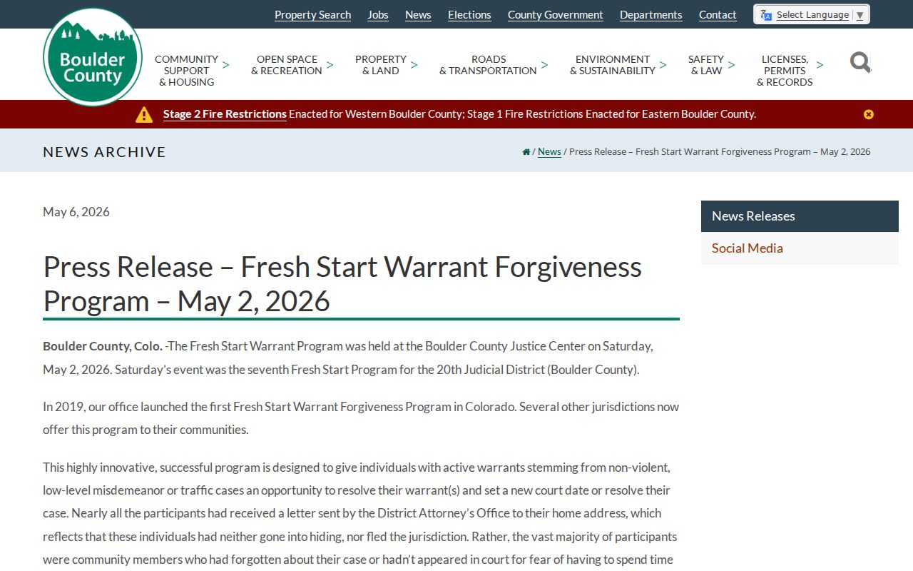 Boulder County active warrant Fresh Start program